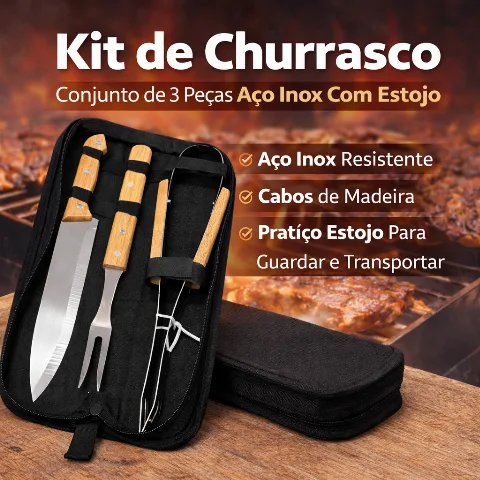 Kit de Churrasco 3 Peças em Aço Inox com Cabo de Madeira + Estojo Portátil