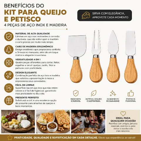Kit Para Queijo e Petisco 4 Peças em Aço Inox e Madeira