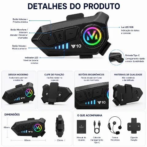 Fone de Ouvido Bluetooth para Capacete RGB com Microfone Headset  V10