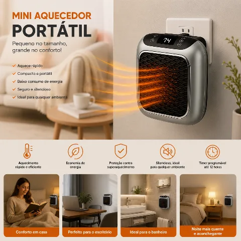 Mini Aquecedor Portátil Elétrico com Display Digital e Timer 110v