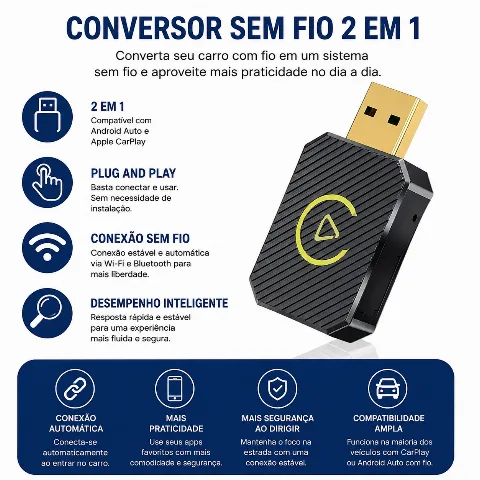 Conversor Sem Fio 2 em 1 para Apple CarPlay e Android