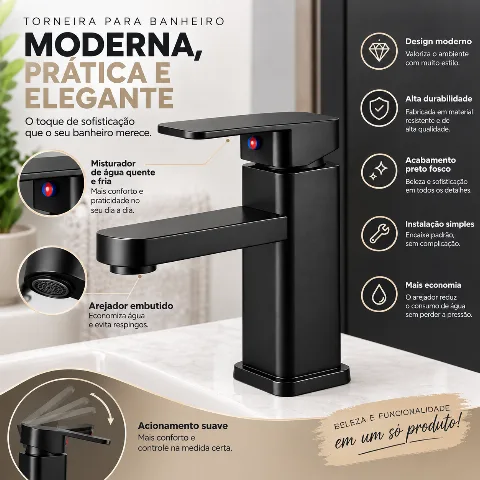 Torneira para Banheiro Monocomando Preta Fosca