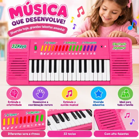 Teclado Musical Infantil Eletrônico 32 Teclas (Rosa)
