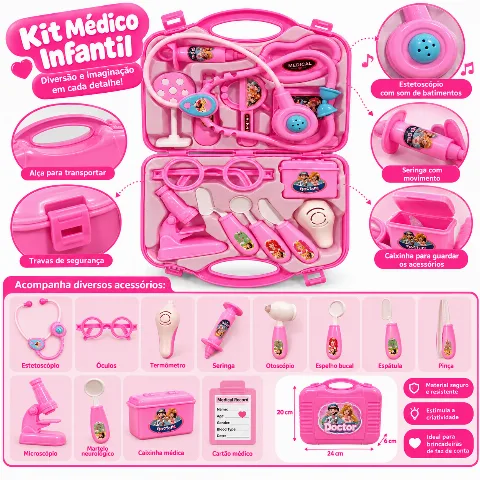 Kit Médico Infantil Maleta com Acessórios (Rosa)
