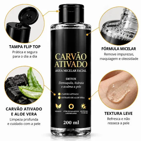 Água Micelar Facial Carvão Ativado Detox 200ml