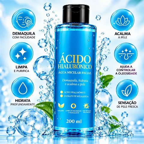 Água Micelar Facial Ácido Hialurônico com Extrato de Melaleuca 200ml