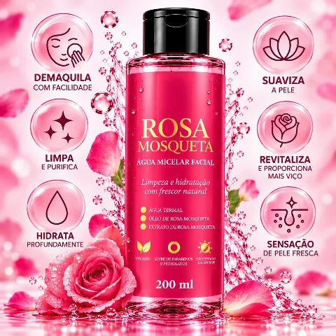 Água Micelar Facial Rosa Mosqueta Limpeza e Hidratação 200ml