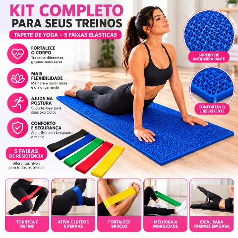 Kit Tapete de Yoga + 5 Faixas Elásticas de Resistência para Exercícios (VARIADO)