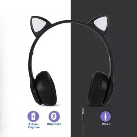 Fone Bluetooth Orelha De Gato Led Colorido (PRETO)