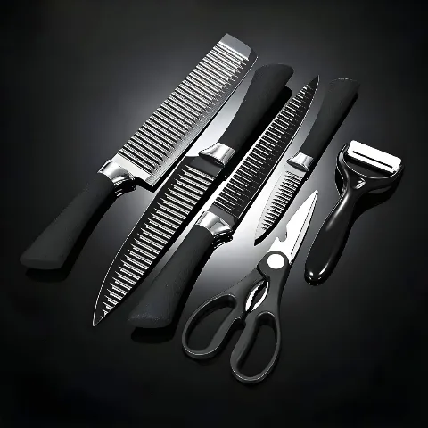 Kit Facas 6 Peças de Churrasco e Cozinha Antiaderente (PRETO)