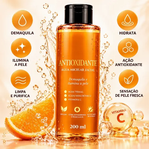 Água Micelar Facial Antioxidante com Vitamina C e Ácido Hialurônico 200ml
