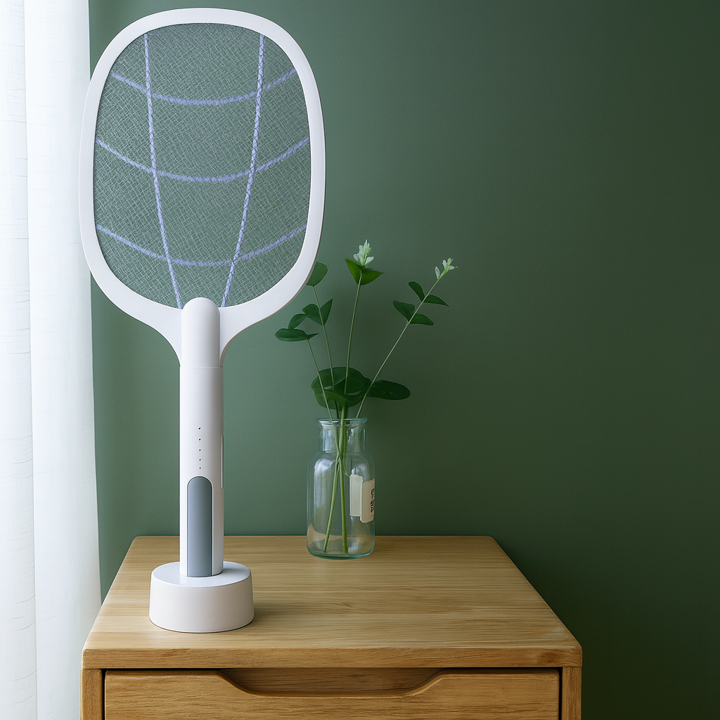 Raquete Elétrica Mata Insetos Recarregável com Base e Luz LED