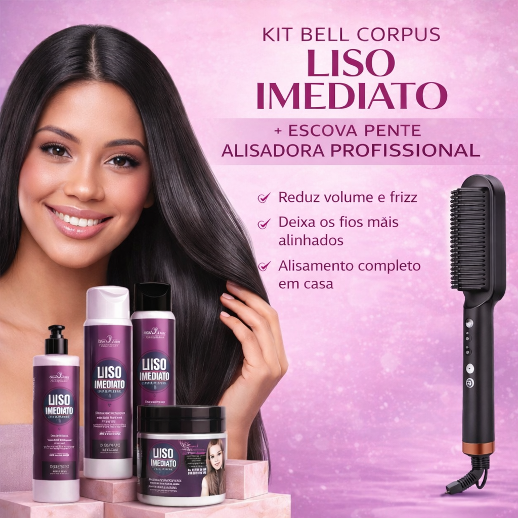 Kit Liso Imediato Redutor de Volume + Escova Pente Alisadora Profissional