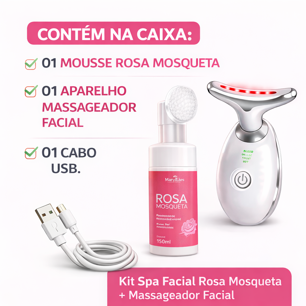 Kit Spa Facial Mousse Limpeza Rosa Mosqueta + Massageador Facial