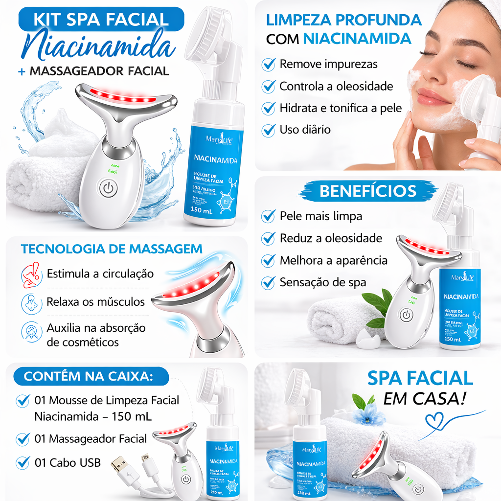 Kit Spa Facial Mousse Limpeza Niacinamida + Massageador Facial
