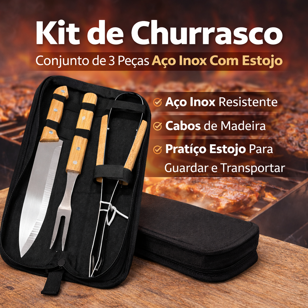 Kit de Churrasco 3 Peças em Aço Inox com Cabo de Madeira + Estojo Portátil