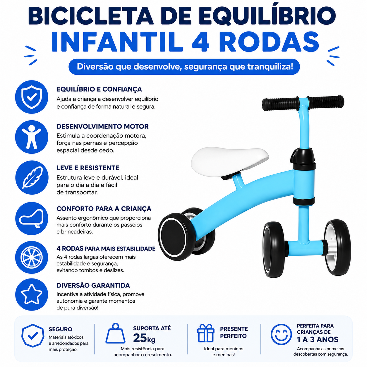 Bicicleta de Equilíbrio 4 Rodas Azul