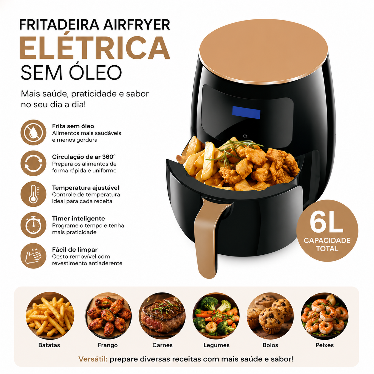 Fritadeira Airfryer Elétrica Sem Óleo 6L 110V
