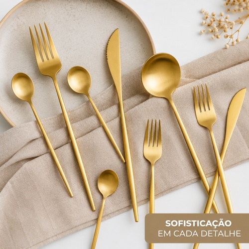 Kit Talheres Dourados Aço Inox 24 Peças