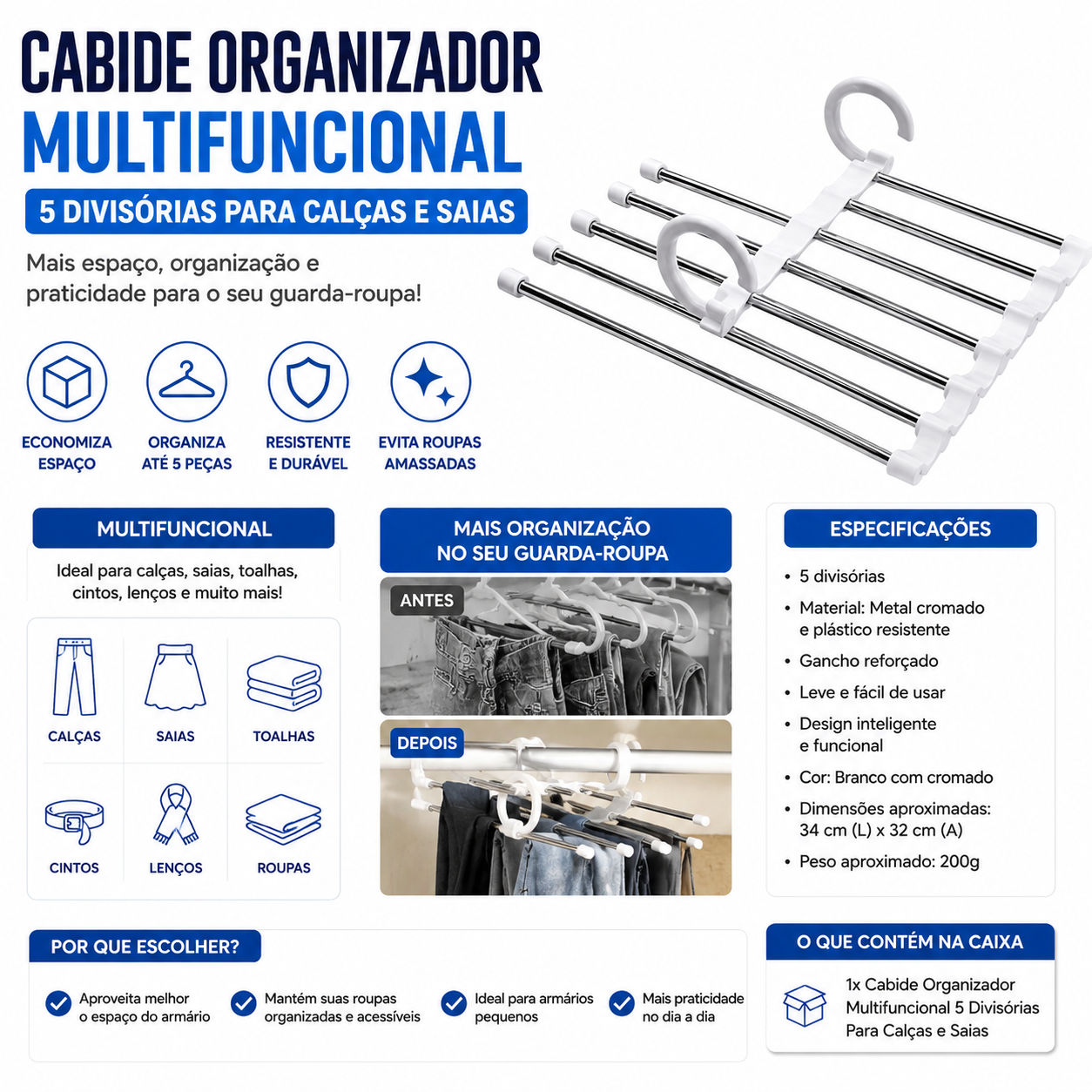 Cabide Organizador Multifuncional 5 Divisórias Para Calças e Saias