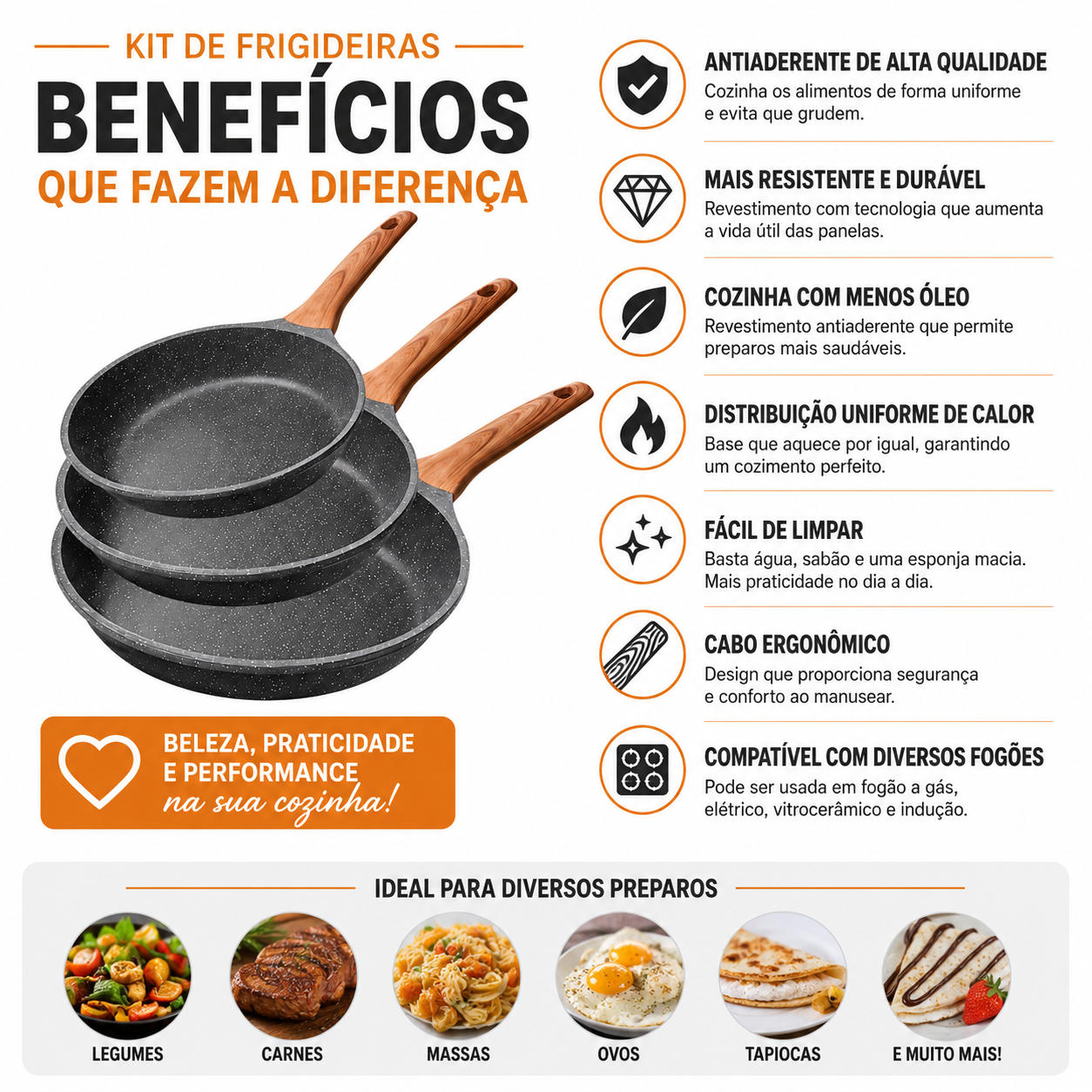 Kit de Frigideiras Antiaderentes 3 Peças