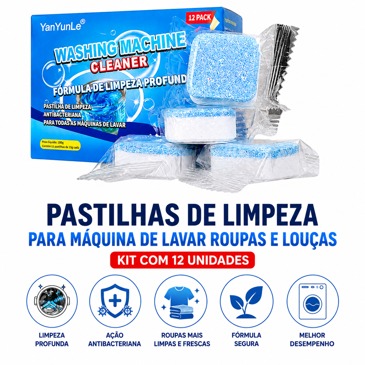 Pastilhas de Limpeza para Máquina de Lavar Roupas e Louças – Kit com 12 Unidades