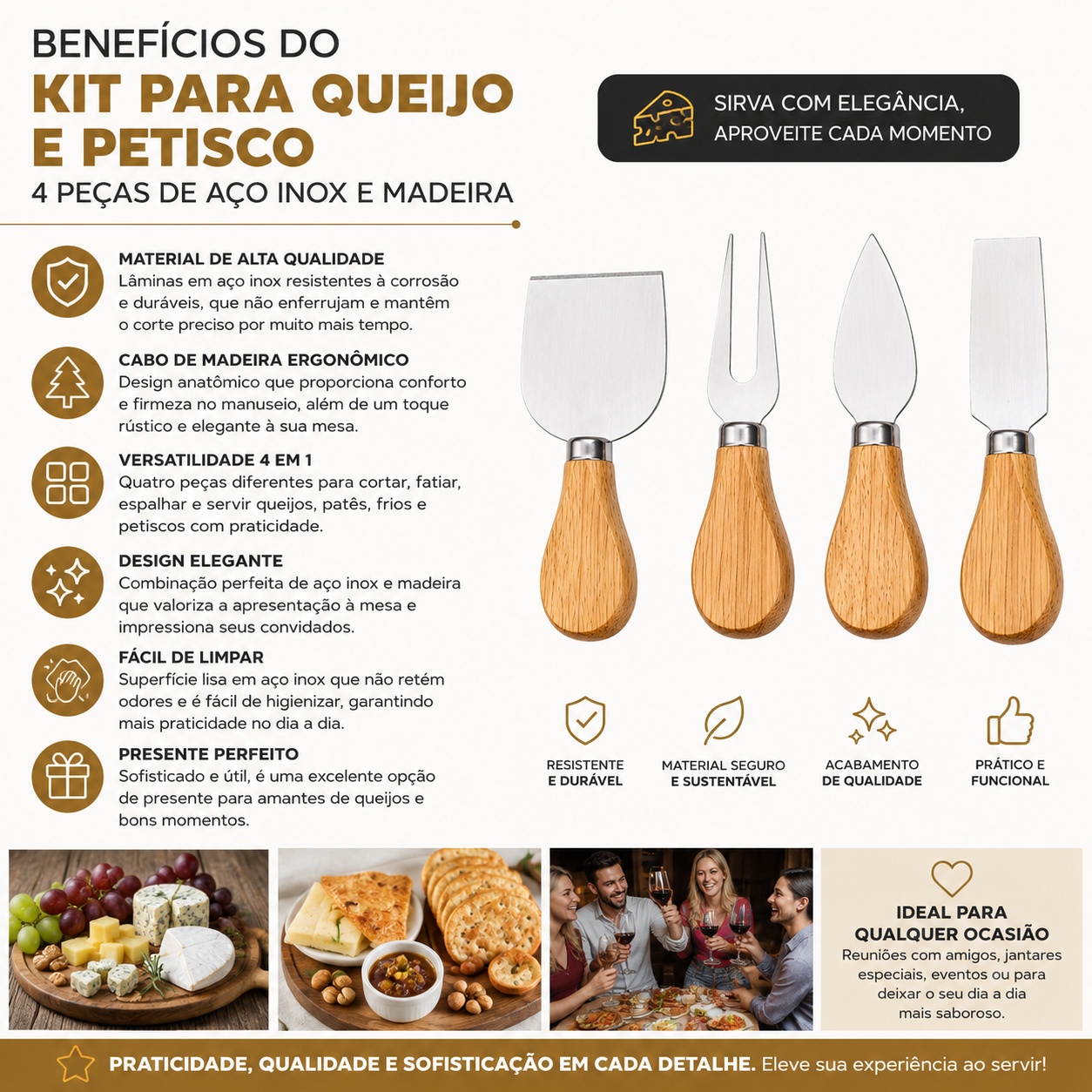 Kit Para Queijo e Petisco 4 Peças em Aço Inox e Madeira