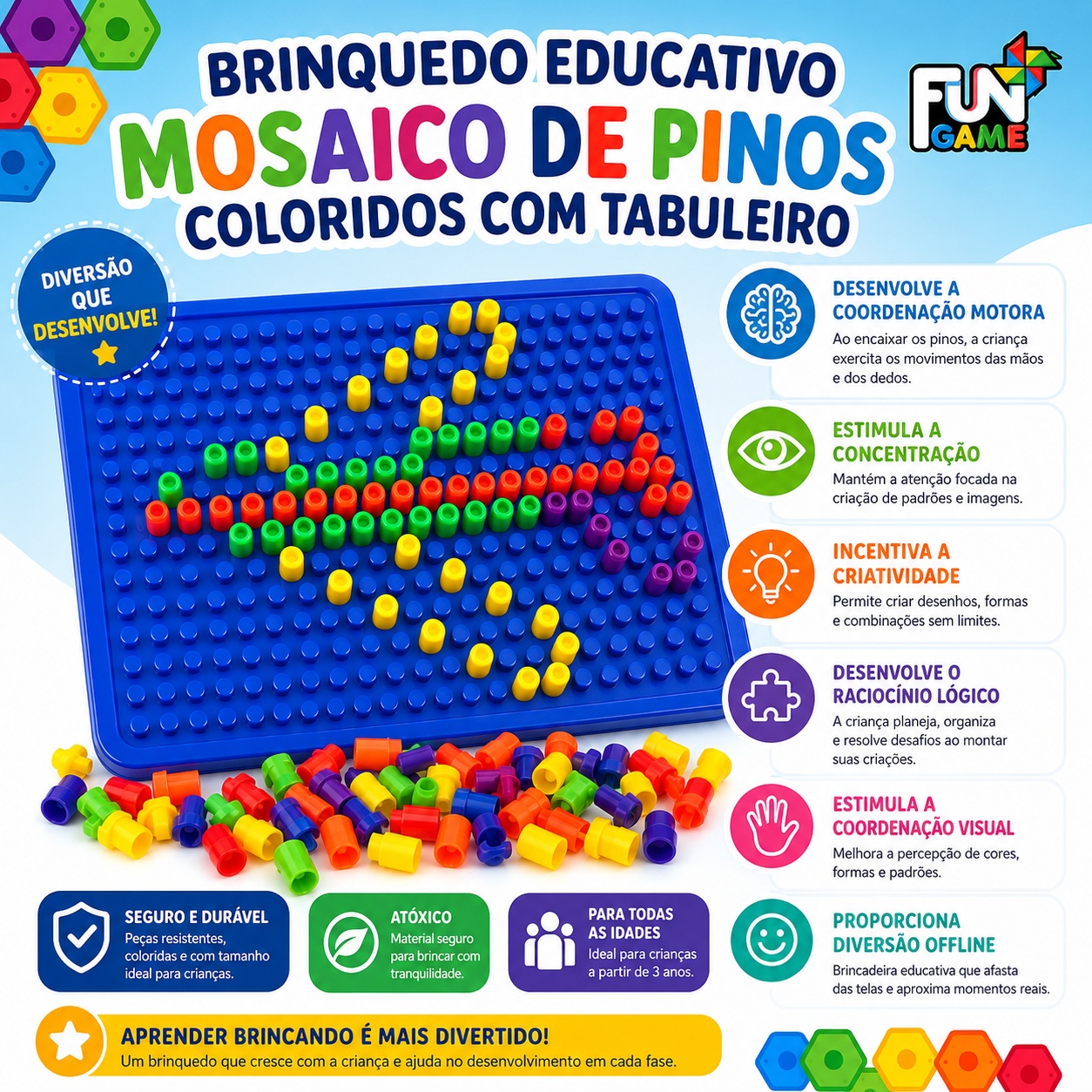 Brinquedo Educativo Mosaico de Pinos Coloridos com Tabuleiro