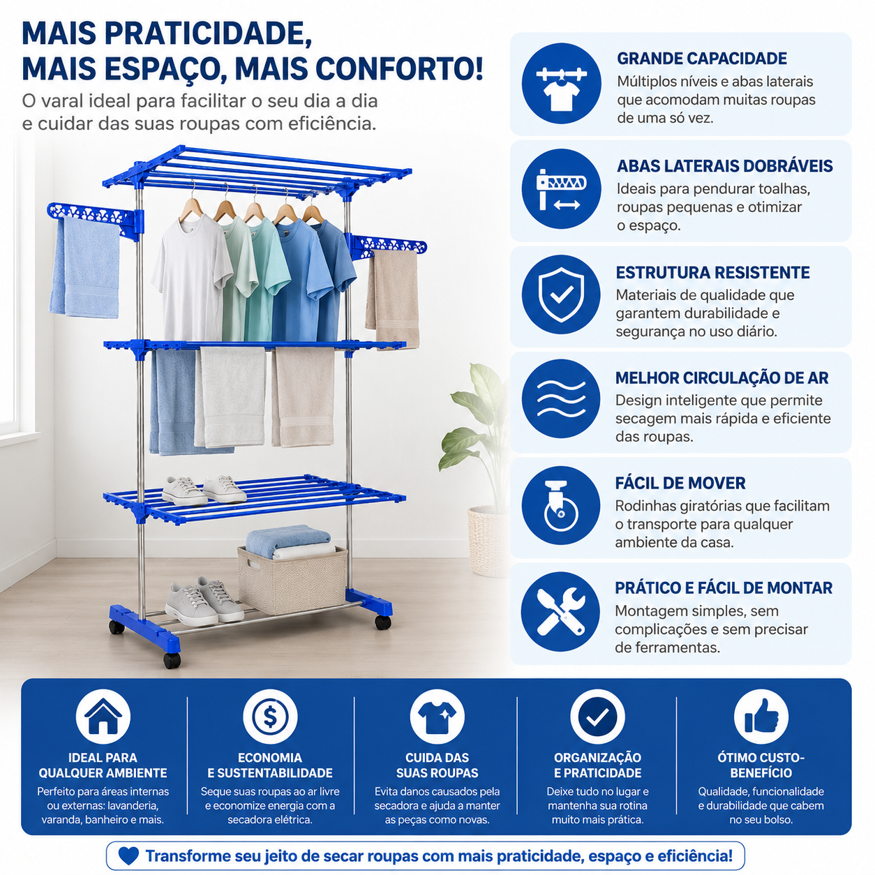 Varal Torre 3 Andares Inox Retrátil Compacto (AZUL)