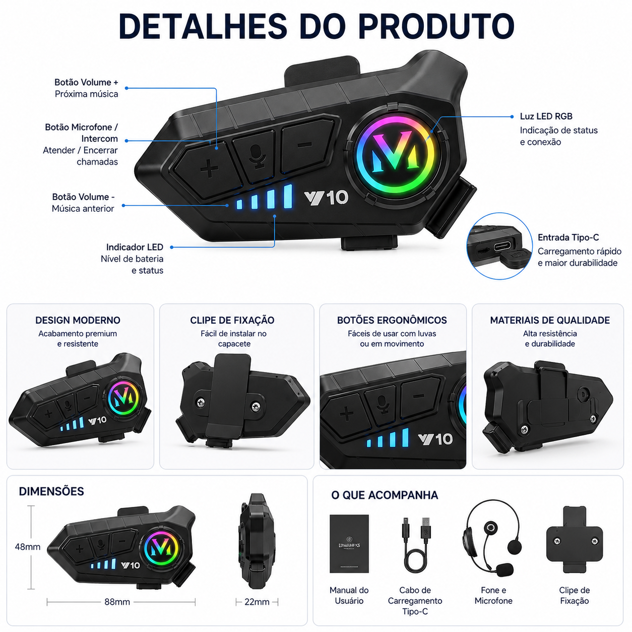 Fone de Ouvido Bluetooth para Capacete RGB com Microfone Headset Intercom V10