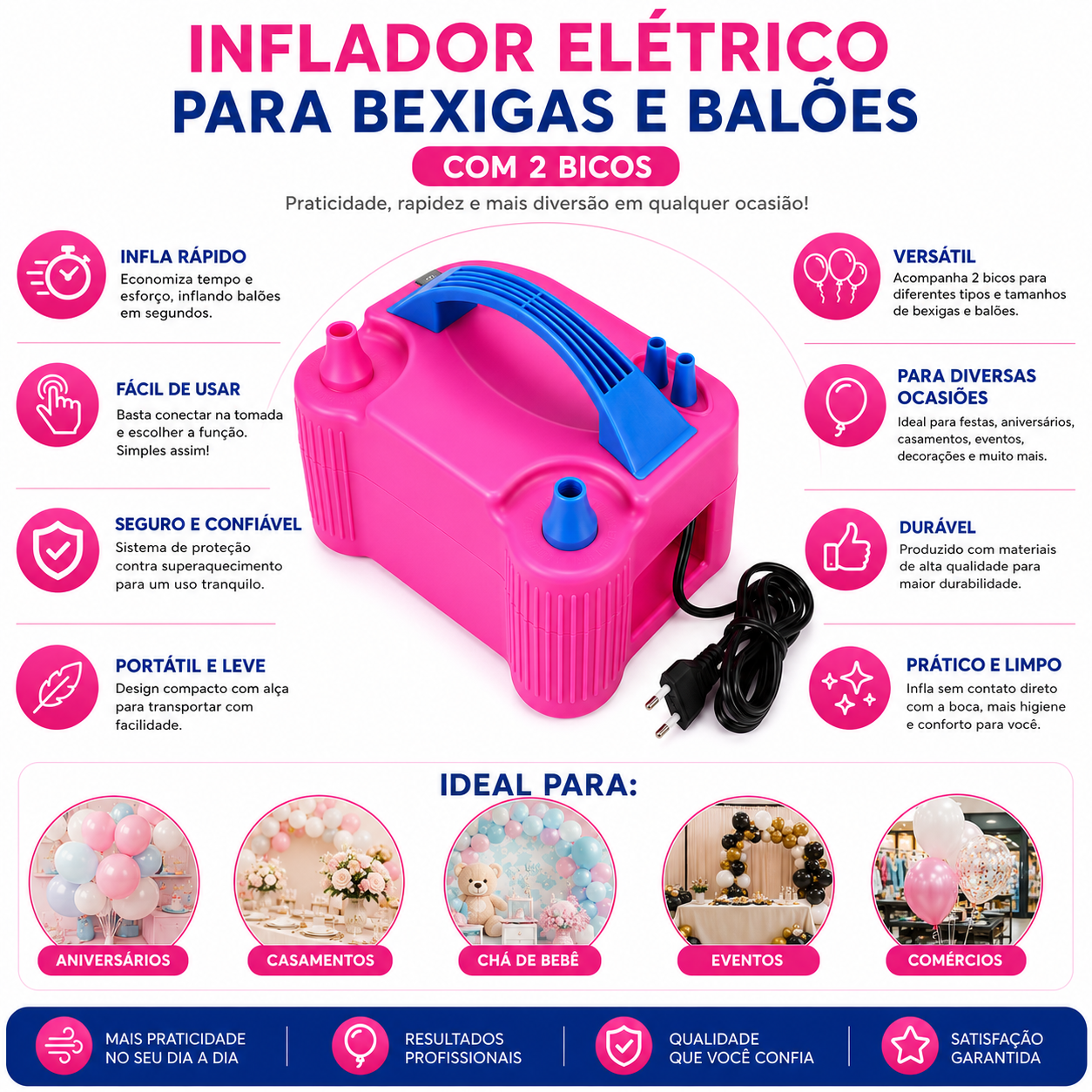 Inflador Elétrico para Bexigas e Balões com 2 Bicos - 220V