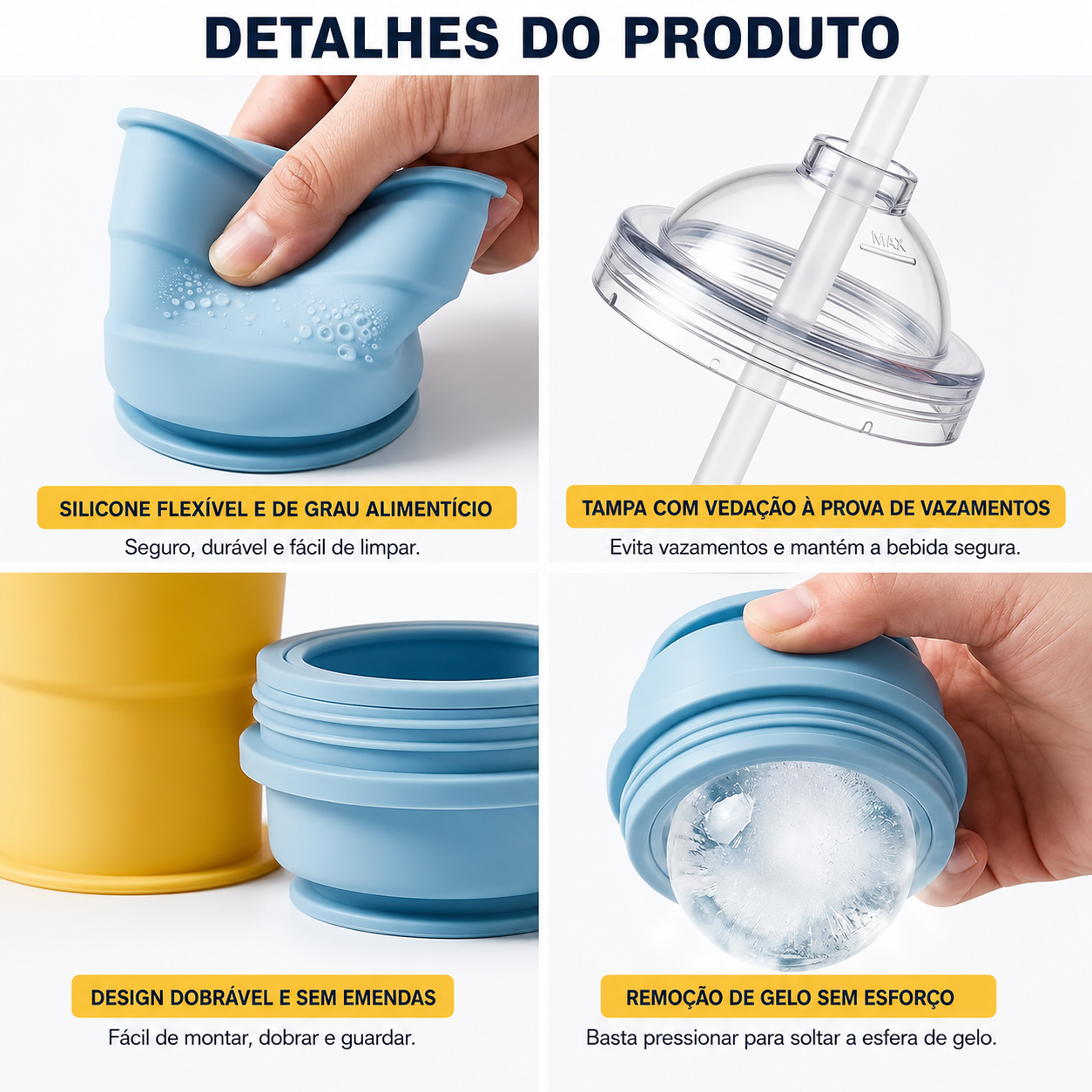 Copo de Hóquei Dobrável de Silicone com Forma para Esfera de Gelo (AZUL)