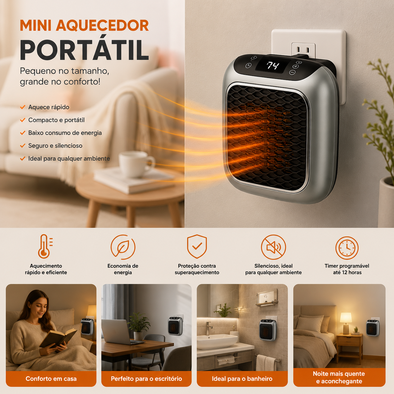 Mini Aquecedor Portátil Elétrico com Display Digital e Timer 110v