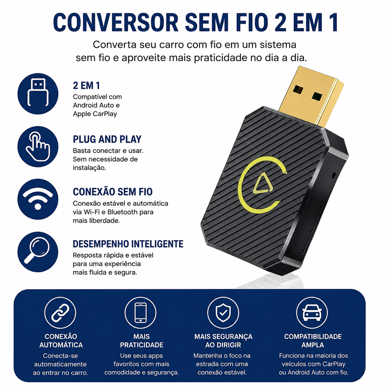 Conversor Sem Fio 2 em 1 para Apple CarPlay e Android