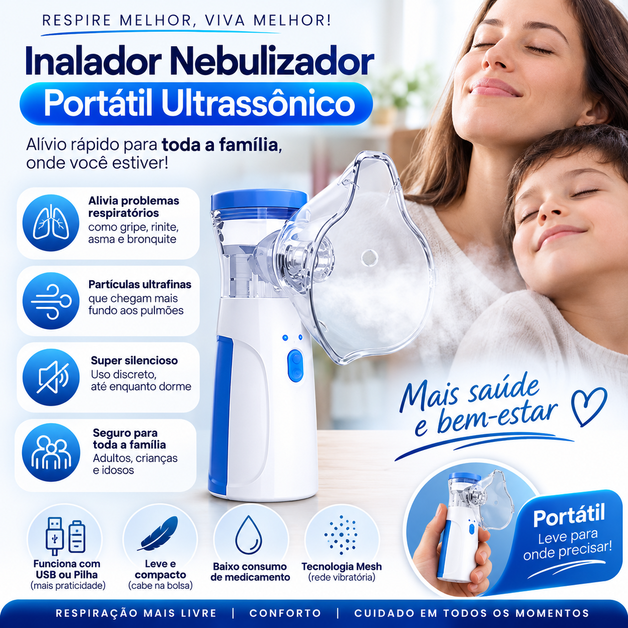 Inalador Nebulizador Portátil Ultrassônico USB/Pilhas