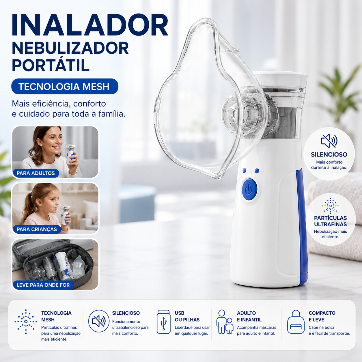 Inalador Nebulizador Portátil Mesh USB e Pilhas – Silencioso e Compacto