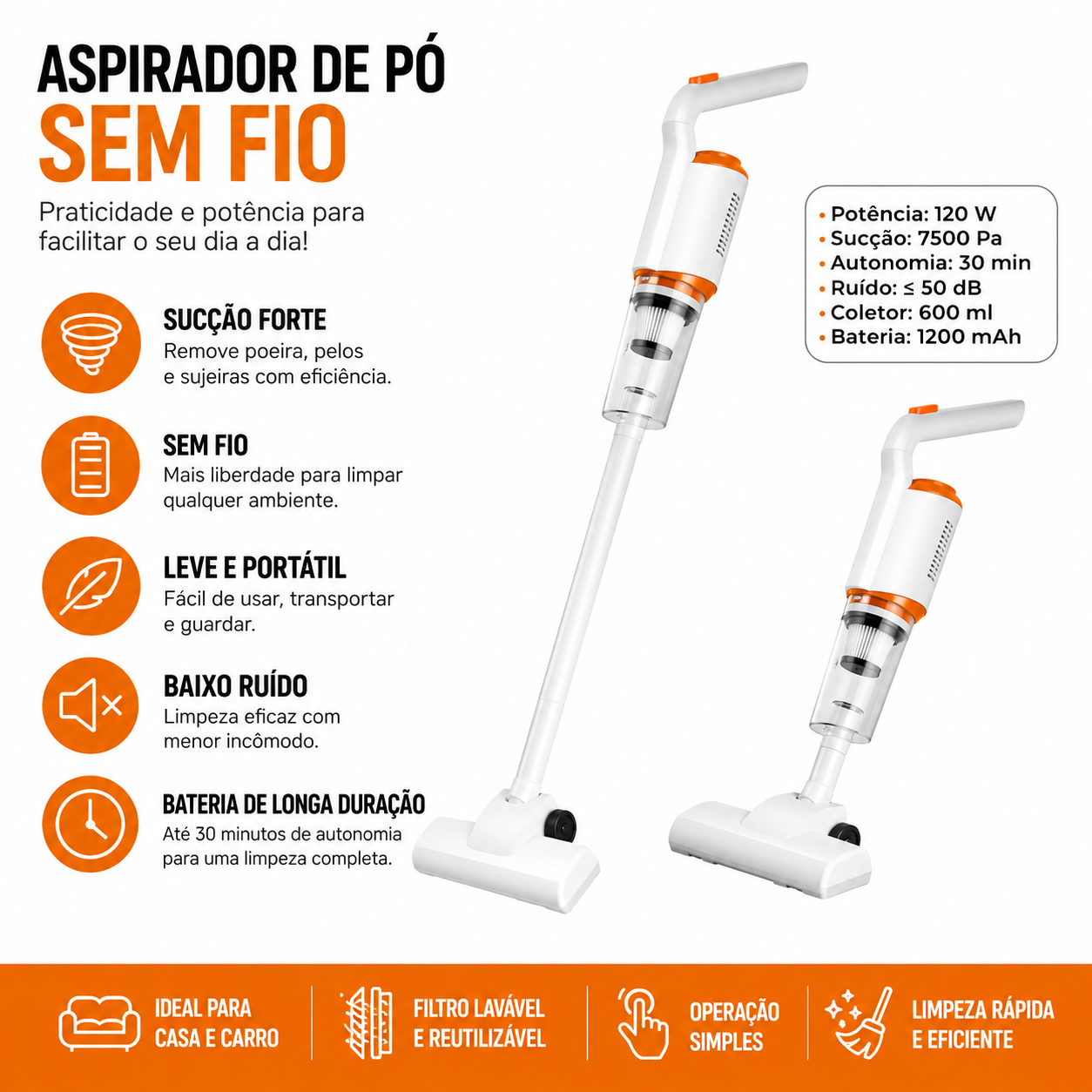 Aspirador de Pó Vertical 2 em 1 Sem Fio