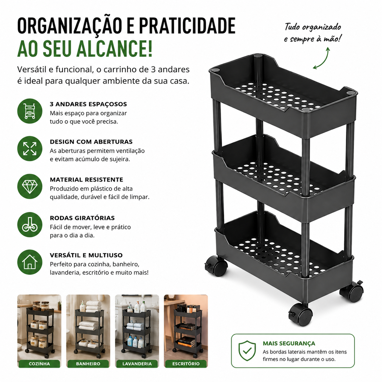 Carrinho Organizador Multiuso com 3 Prateleiras e Rodinhas (PRETO)