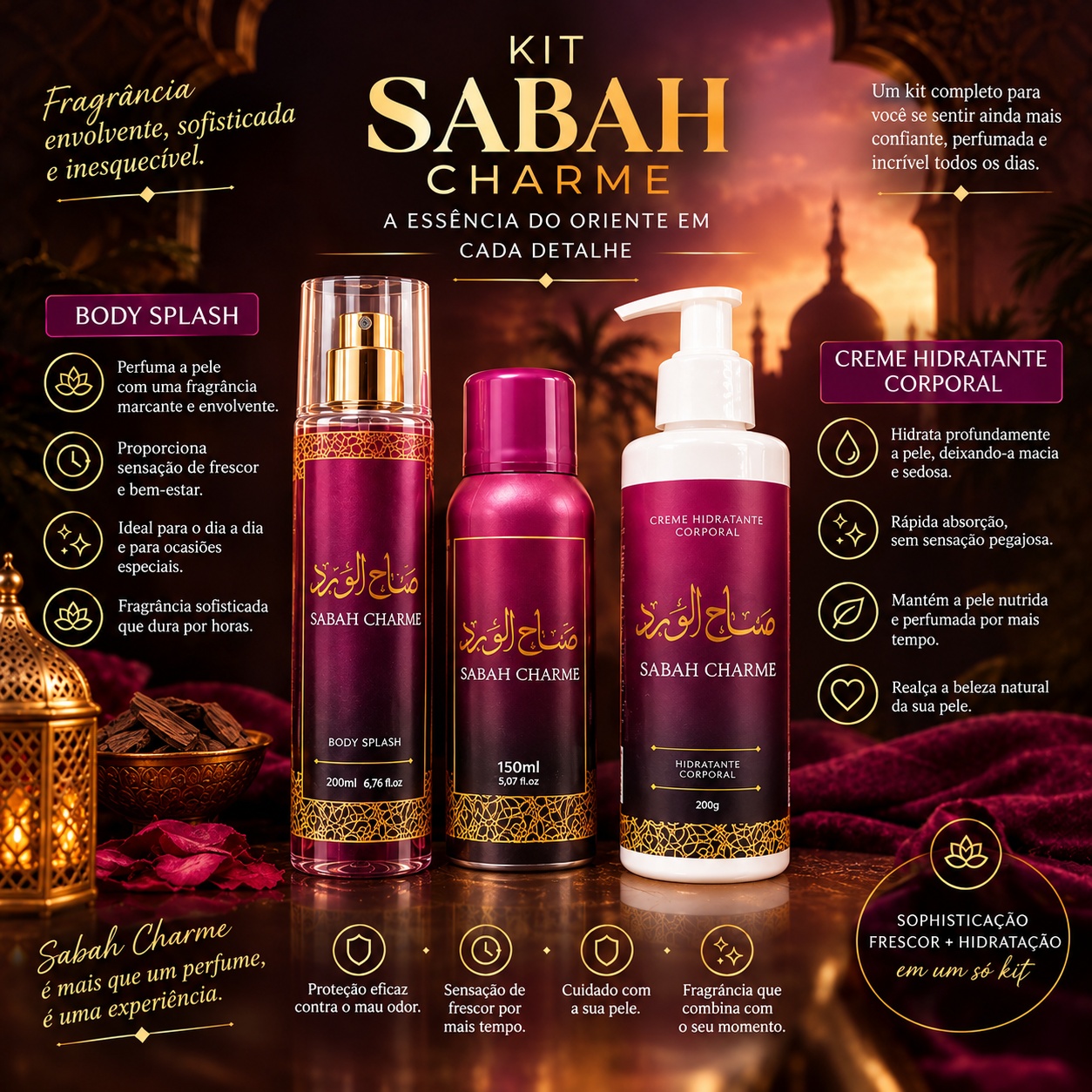 Kit Sabah Charme Feminino Body Splash Desodorante Hidratante