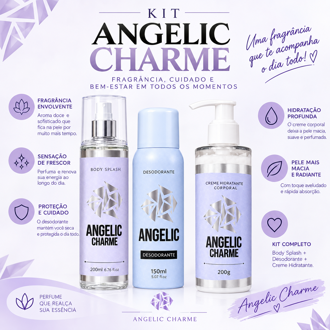 Kit Angelic Charme Feminino Body Splash Desodorante Hidratante