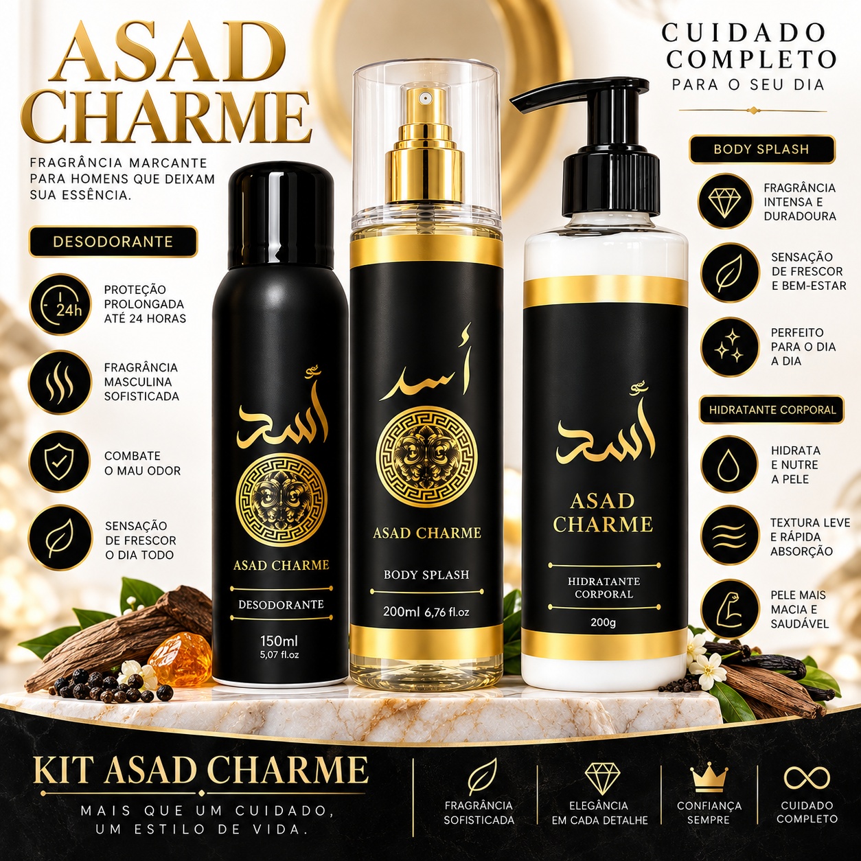 Kit Asad Charme Masculino Desodorante + Body Splash + Hidratante Corporal