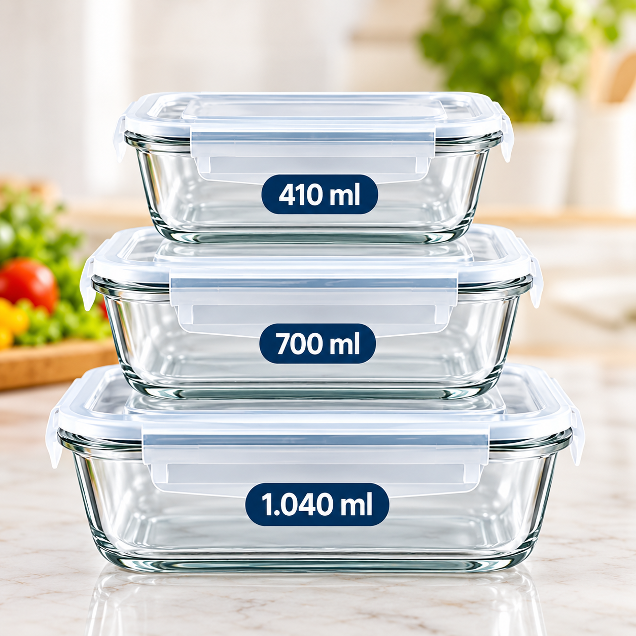 Conjunto 3 Potes Hermético Vidro – 410ml + 700ml + 1040ml