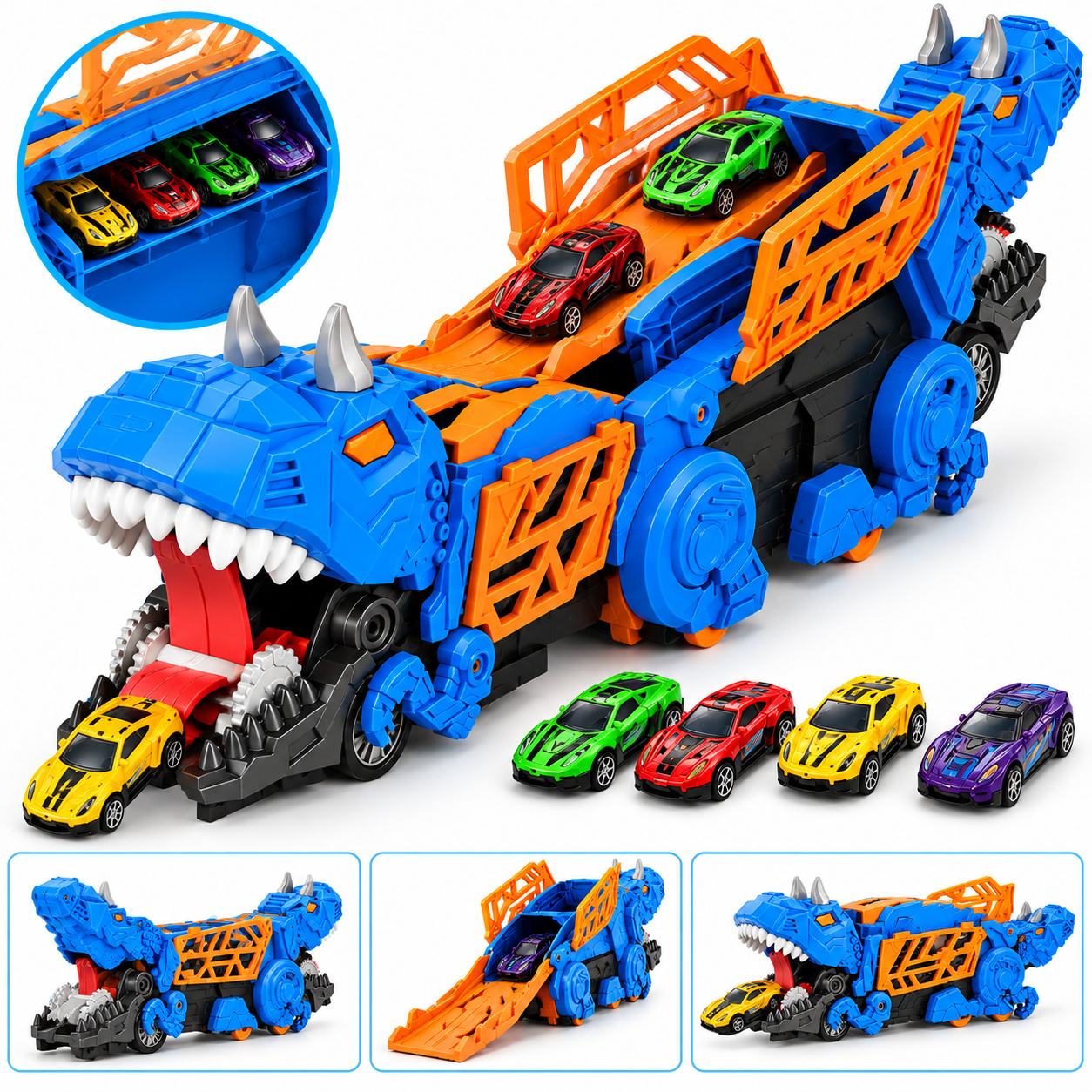 Caminhão Dinossauro 2 em 1 com Pista e 4 Carrinhos