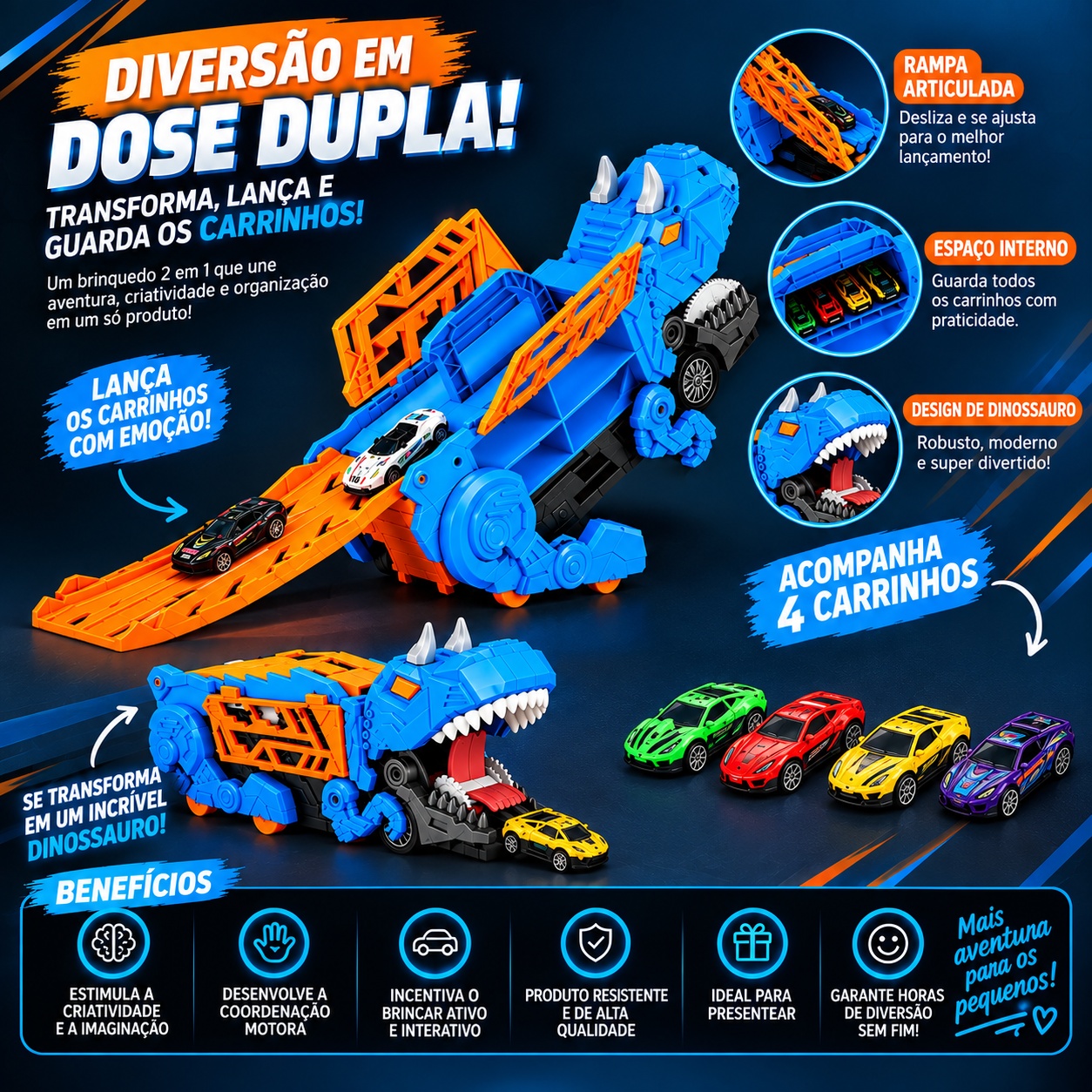 Uma Aventura Jurássica Sobre Rodas! Caminhão Dinossauro 2 em 1 com Pista e 4 Carrinhos