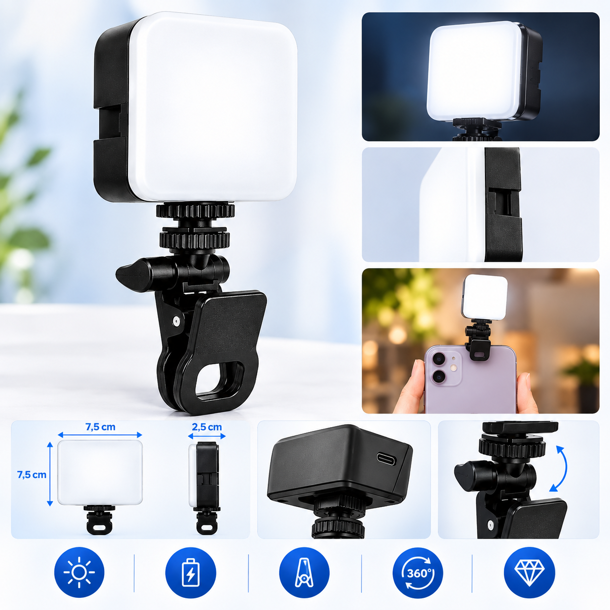 Luz LED Portátil – Iluminação para Celular, Notebook e Câmera