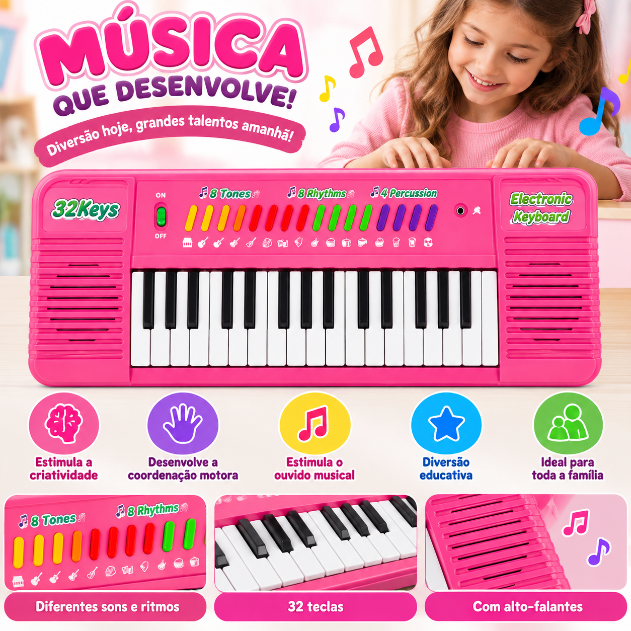 Teclado Musical Infantil Eletrônico 32 Teclas (Rosa)