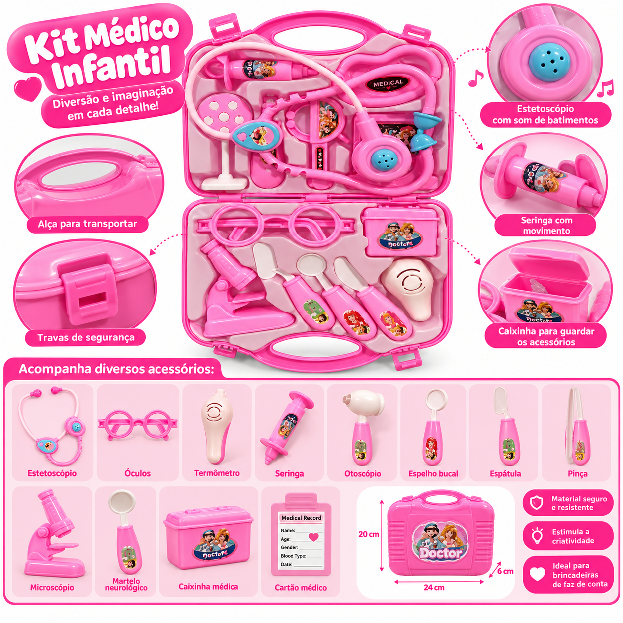 Kit Médico Infantil Maleta com Acessórios (Rosa)
