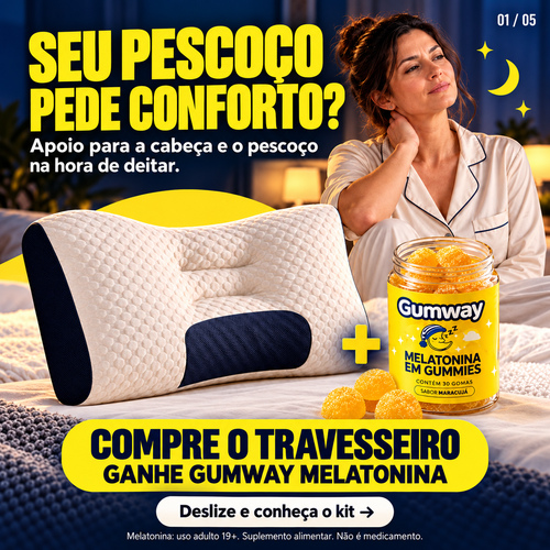 Kit Travesseiro Cervical Anatômico + Melatonina Gumway 30 Gomas