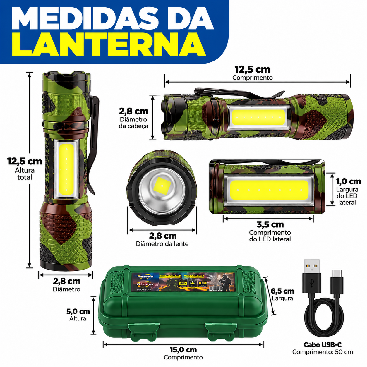 Lanterna Recarregável LED Lateral Camuflada (Variado)