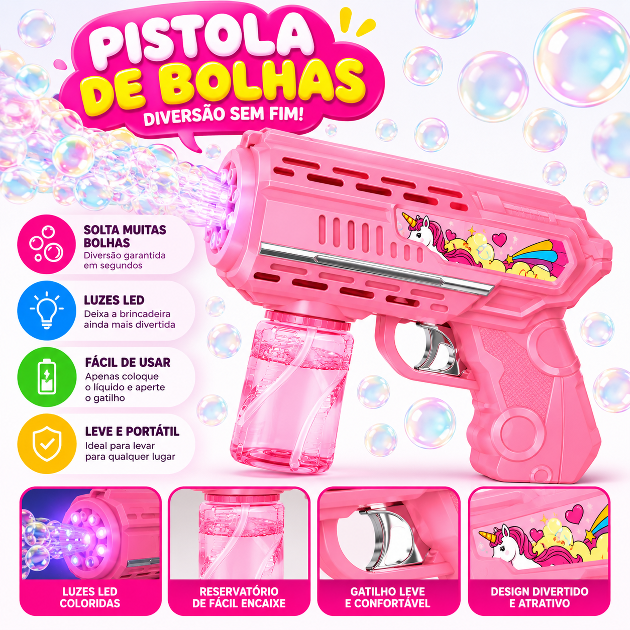 Pistola Automática de Bolhas de Sabão Infantil com Luzes LED (ROSA)
